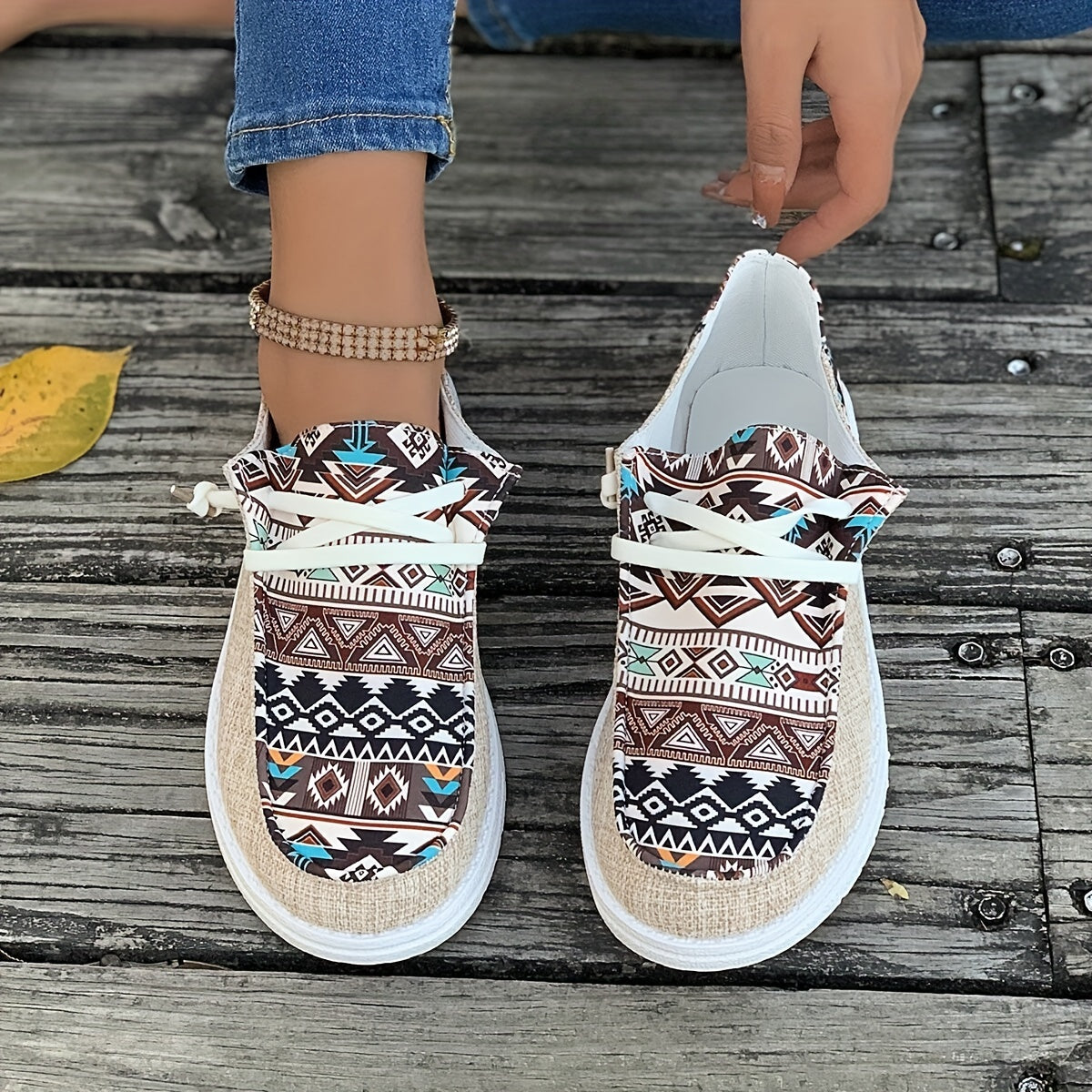 Women's Canvas Sneakers, Geometric Pattern, Casual Low Top Shoes