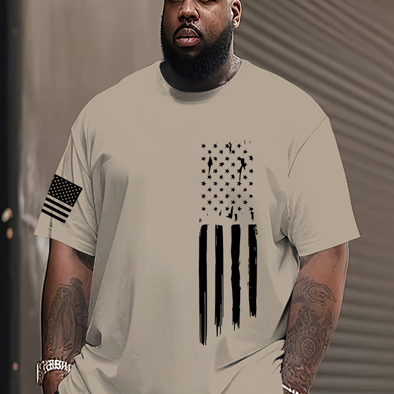 Erkaklar uchun Katta O'lchamdagi Bayroq Printli Yuqori Bo'yin T-Shirt, Qulay va Ko'p Maqsadli