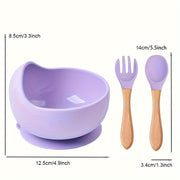 Baby Feeding Set Silicone Bowl Fork Spoon Non-Slip Microwave Safe Wooden Handle 3 Pieces