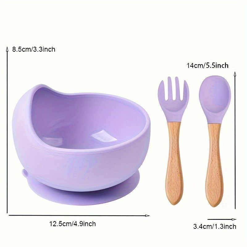 Baby Feeding Set Silicone Bowl Fork Spoon Non-Slip Microwave Safe Wooden Handle 3 Pieces
