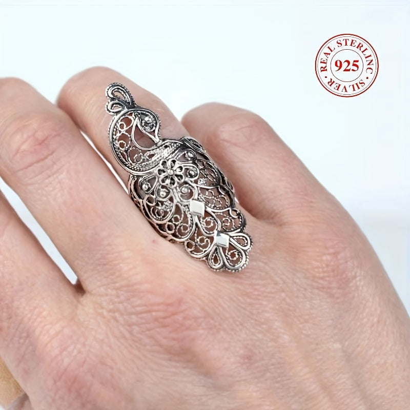 Sterling Silver Peacock Hollow Ring Bohemian Style Wedding Anniversary Gift