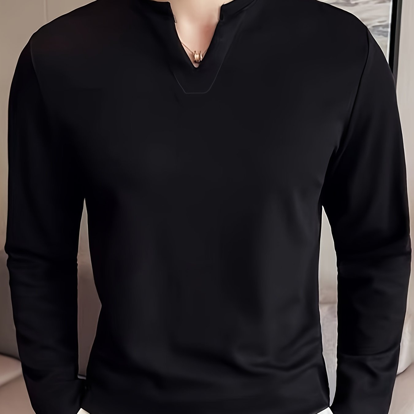 Camiseta de manga larga con cuello en V para hombre, mezcla de poliéster, color sólido, transpirable, casual, primavera y otoño
