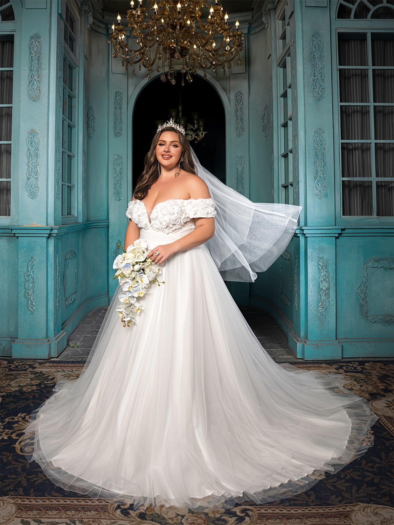 Plus Size Off Shoulder Wedding Dress A-Line Bridal Gown Ruffled Sleeves