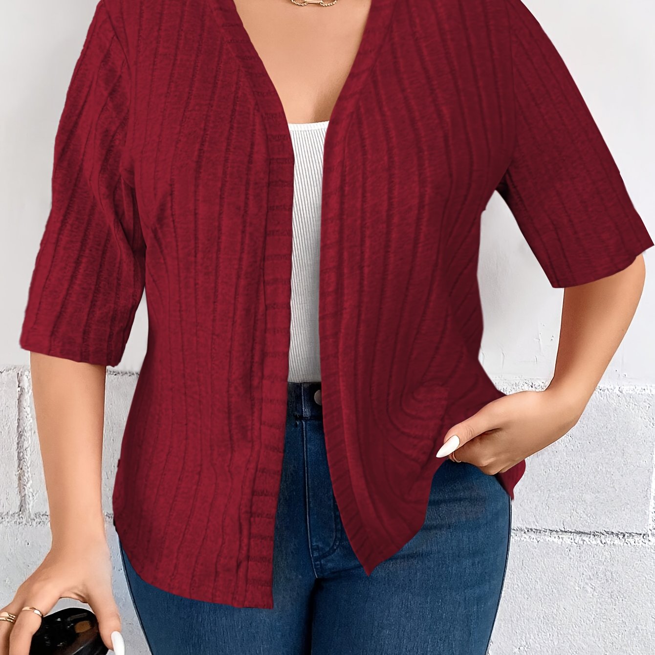 Plus Size Women's Solid Color Open Front Cardigan Fall Spring Knitwear