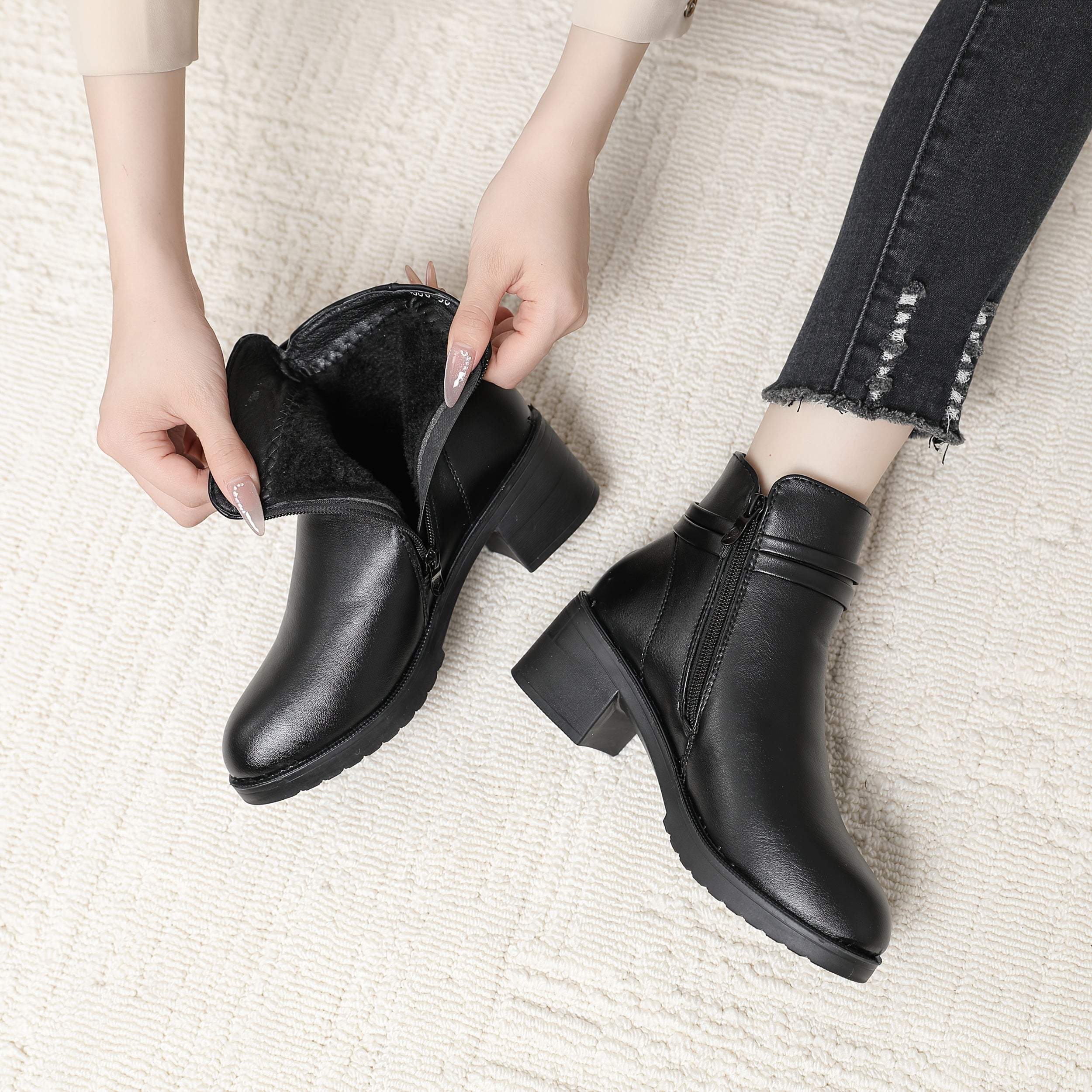 Женские ботинки из искусственной кожи на каблуке с платформой, боковой молнией, противоскользящей подошвой