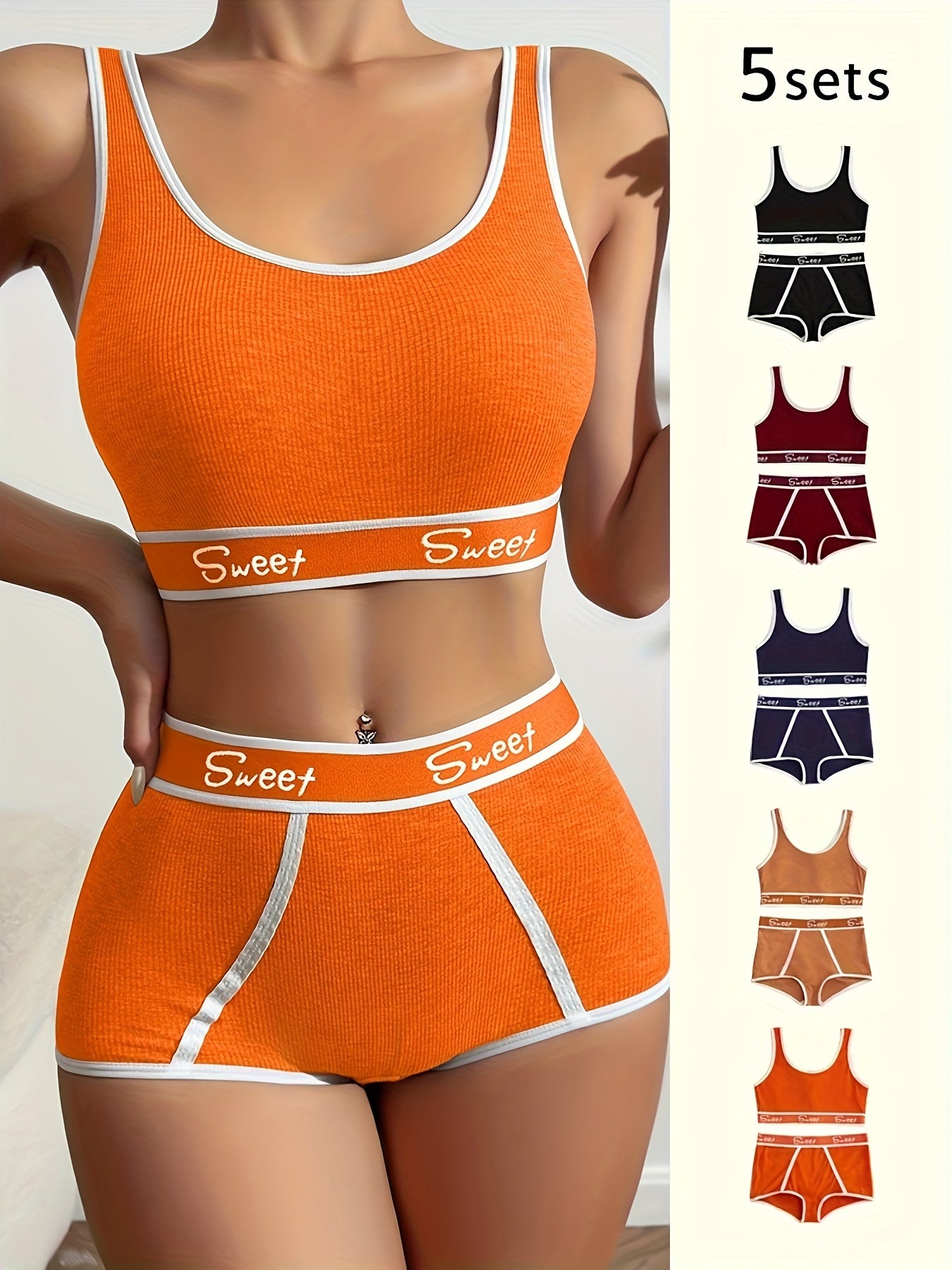 Women's 5-Piece Print Lingerie Set with Sports Bra and Boxer Briefs in Soft Fabric