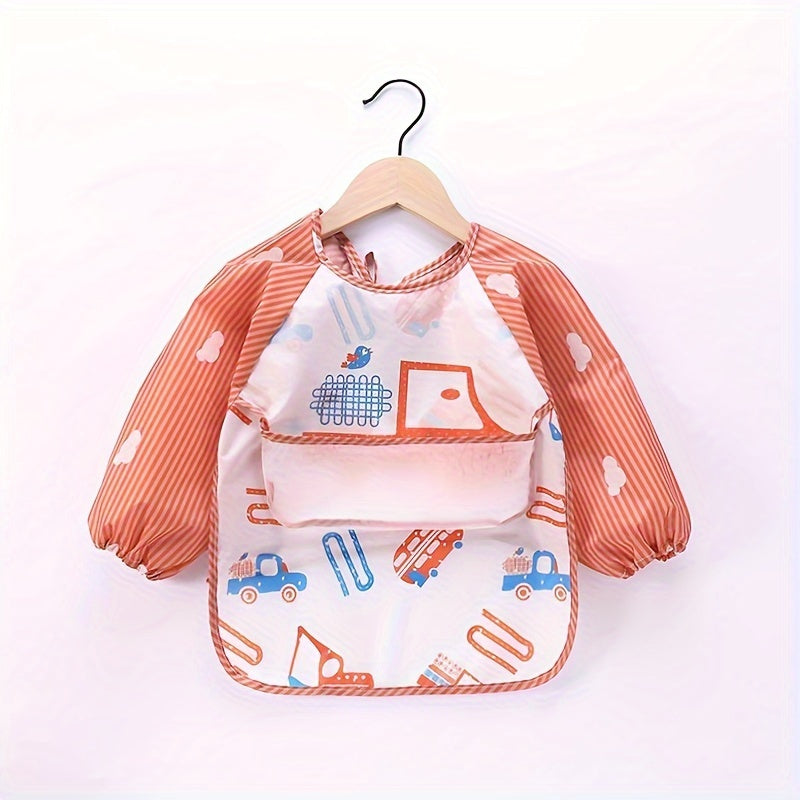 Babero impermeable para niños con bolsillos, diseño de dibujos animados, material suave, delantal de manga larga