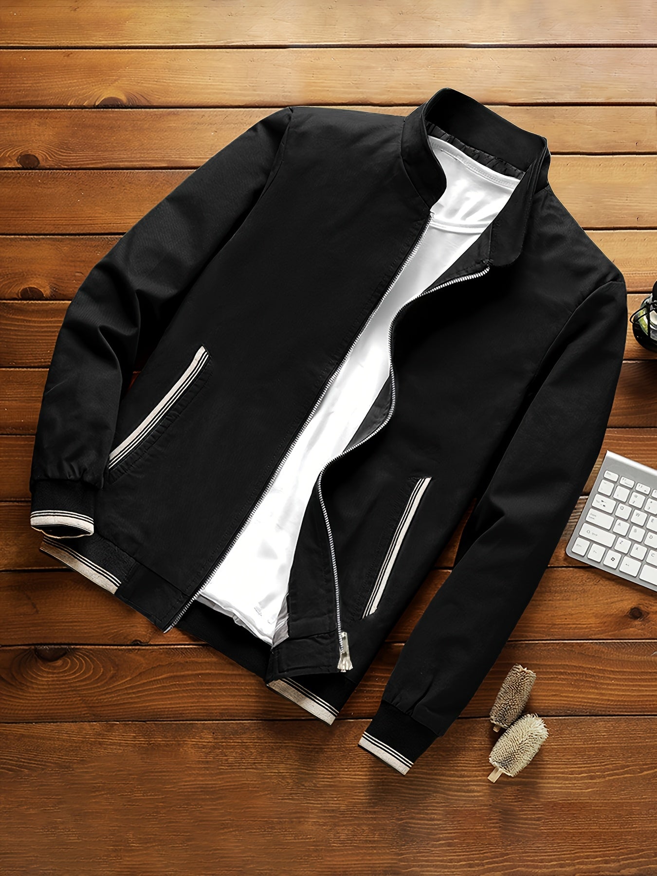 Men's Plus Size Lightweight Bomber Jacket with Stand Collar Pockets Solid Color Summer Casual