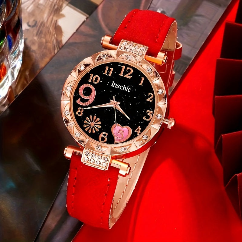 6 ta ayollar uchun rhinestone yurak quartz soatlari to'plami, charm bilaguzuklar va bilakuzuklar bilan