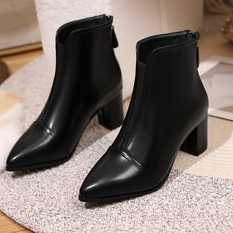 Women's Black Pointed Toe High Heel Boots Waterproof Zipper Back