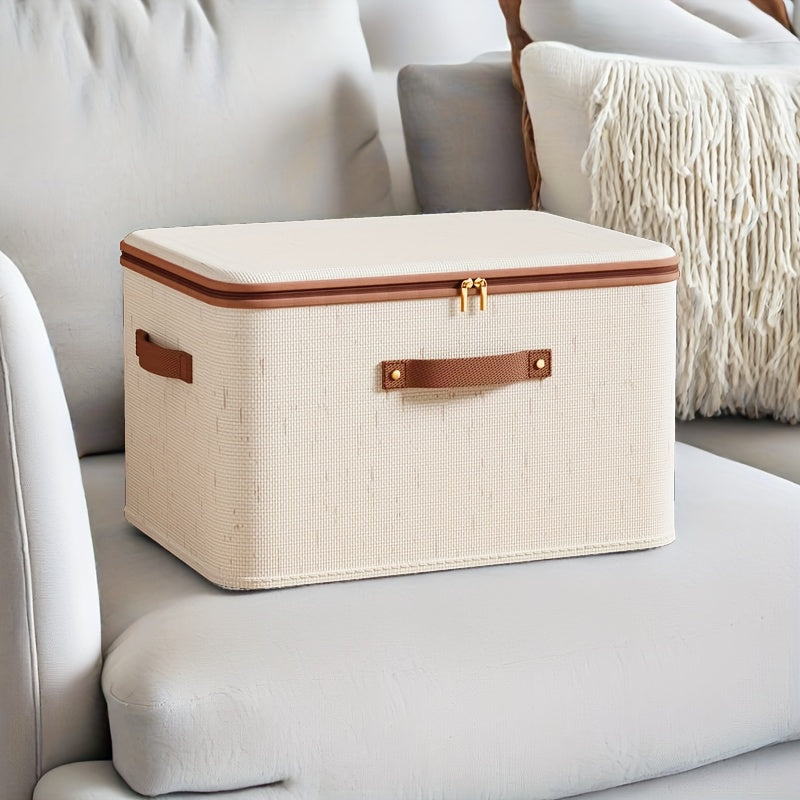 Champagne Fabric Storage Box with Lid Zipper Organizer for Clothes and Blankets Under Bed Dustproof Portable