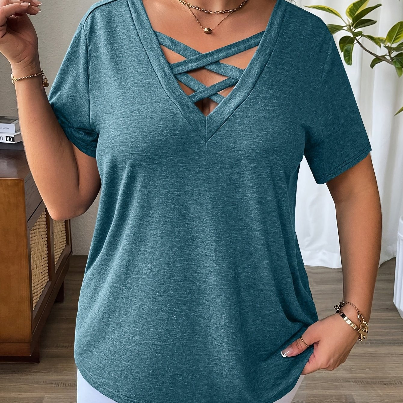 Plus Size Casual Cotton V-Neck T-Shirt for Summer Short Sleeves