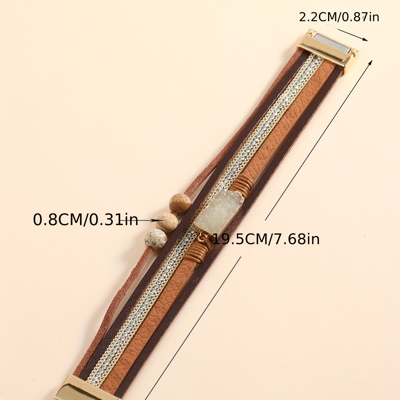 Pulsera bohemia de varias capas de cuero sintético con cuentas de resina con rhinestones, cierre magnético, joyería para mujer