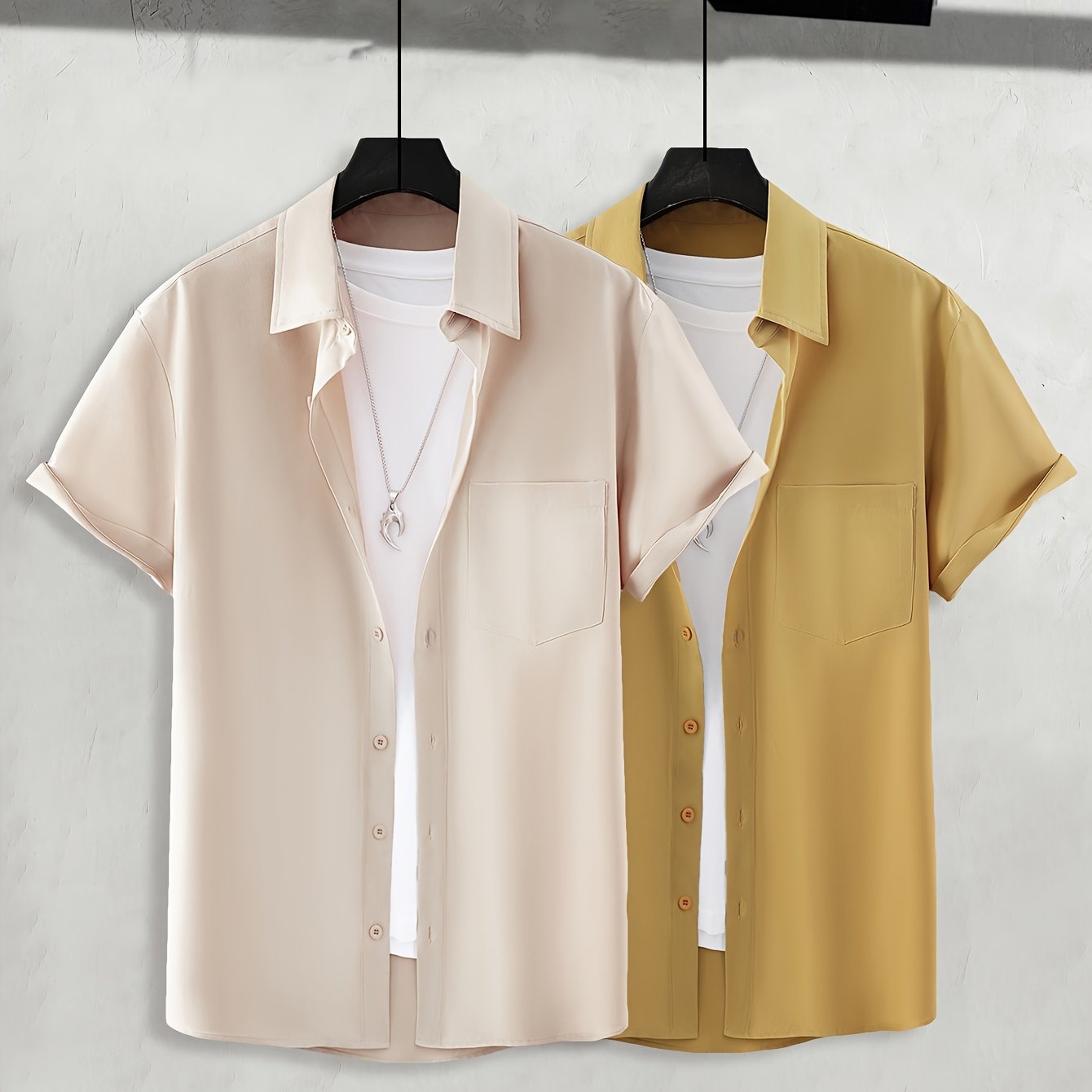Plus Size Men's Casual Short Sleeve Button-Up Shirts Light Beige Yellow Polyester Summer Wear