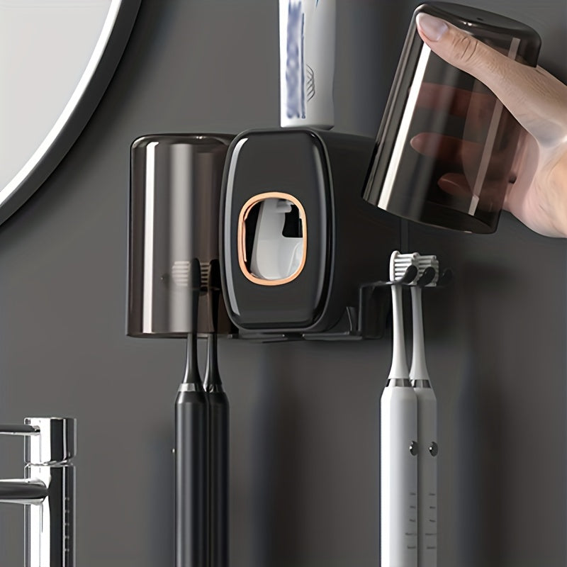 Wall-Mounted Toothbrush Holder with Toothpaste Squeezer and Mouthwash Cup for Bathroom Organization