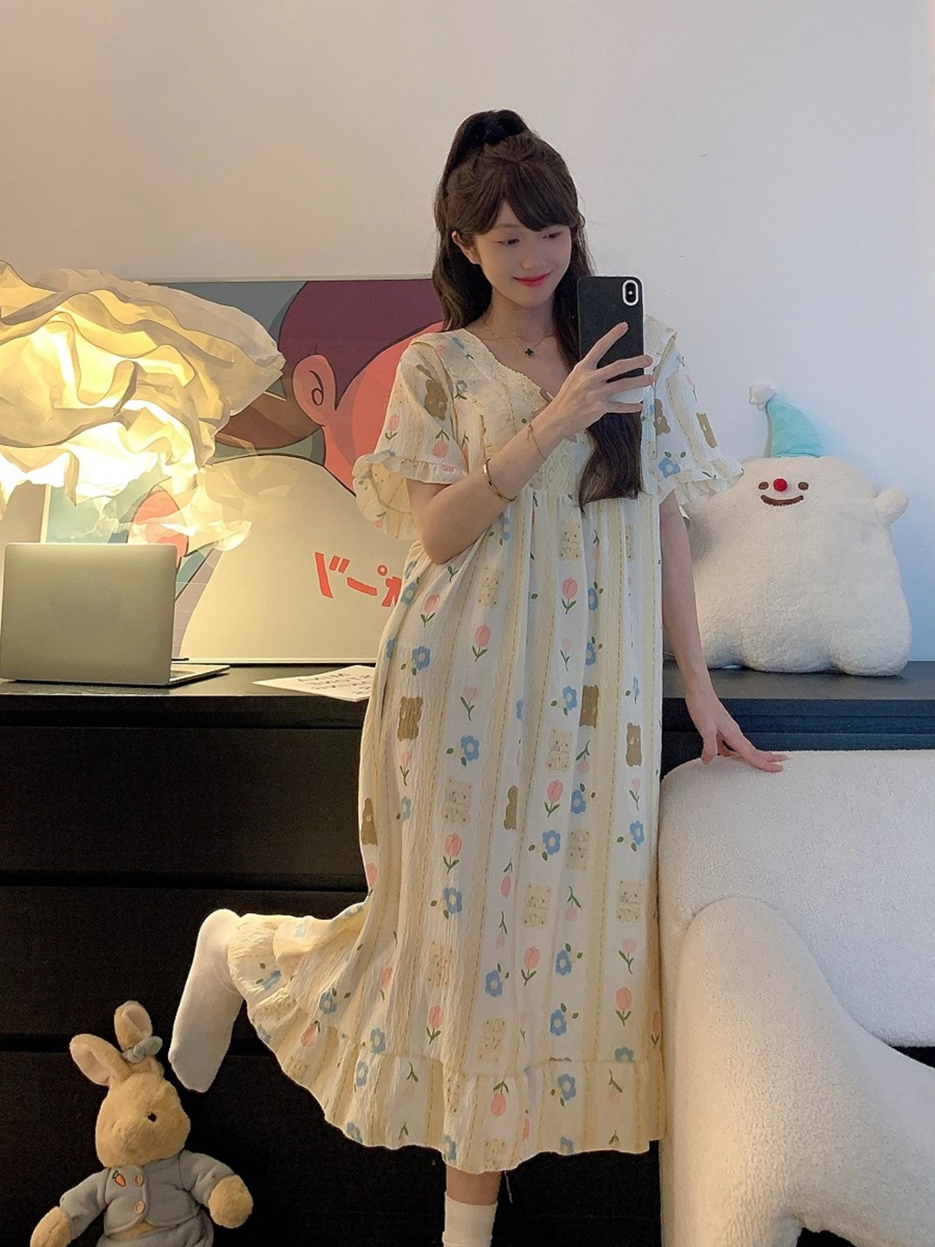 Plus Size Slit-Fit Nightgown with V-Neck Cotton Pajama with Bear Print