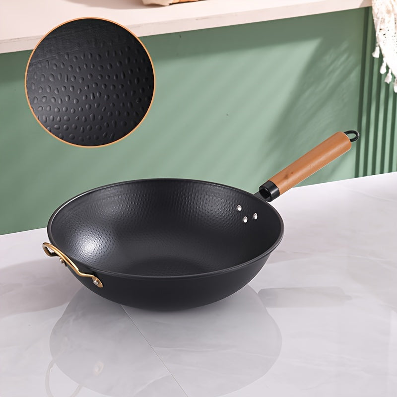 An'anaviy Wok Qozon, Yog'och Tutqichi bilan, 34.98 sm, Yopishqoq emas, Tekis Pastki, Induksion va Gaz Pechlari uchun mos, Ko'p funksiyali Qovurish Qozoni