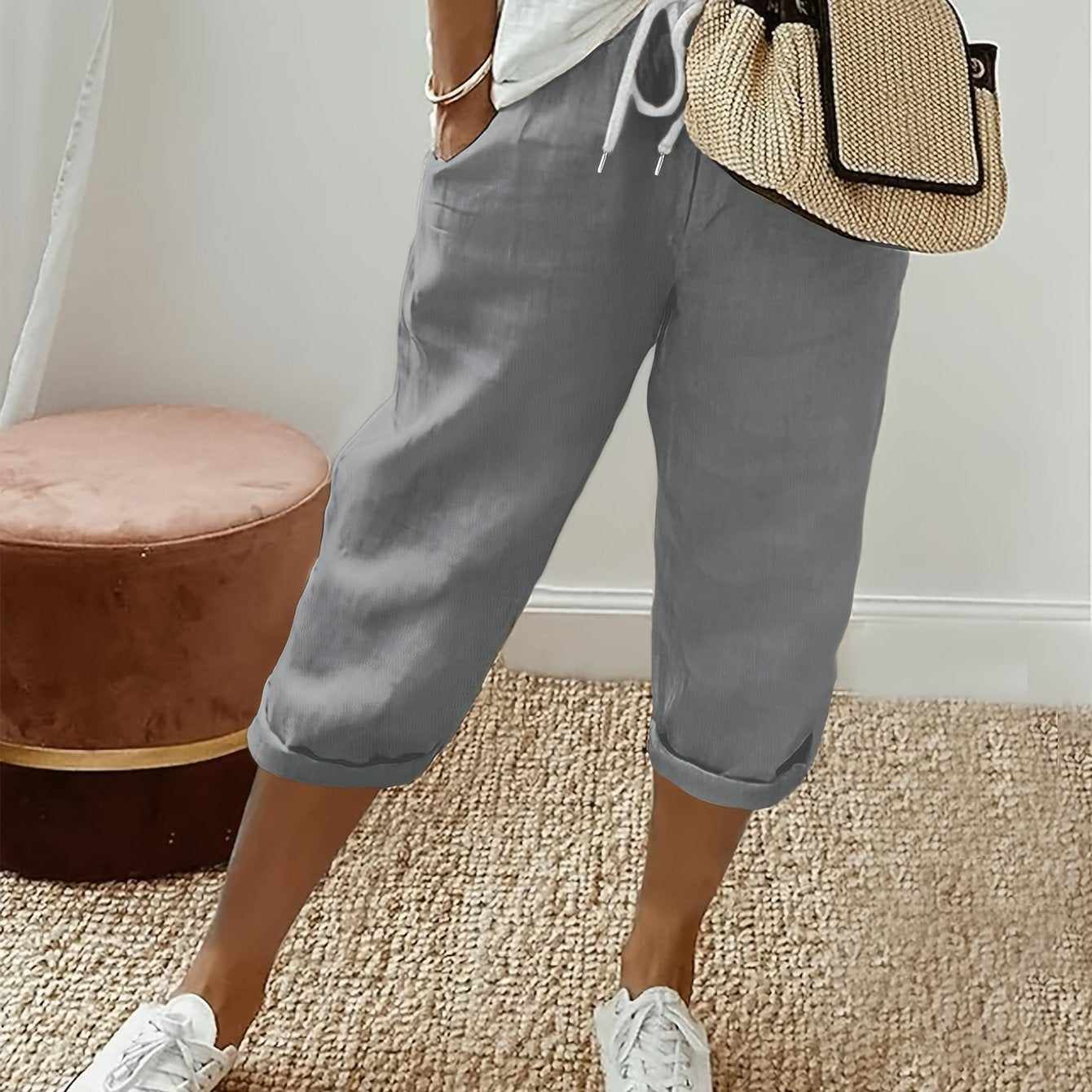 Women's Plus Size Loose Fit Drawstring Capri Pants Gray Casual Vacation