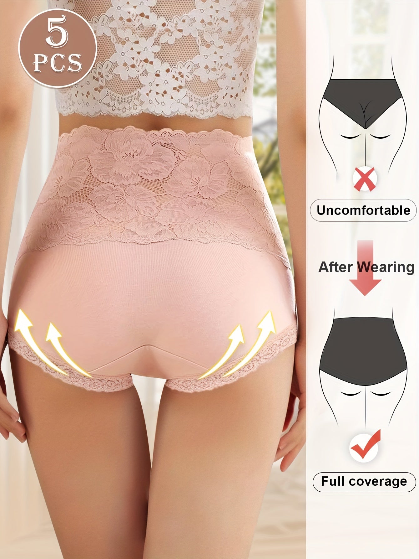 Pack de 5 braguitas de encaje de talle alto para tallas grandes, algodón, con estiramiento medio, uso diario