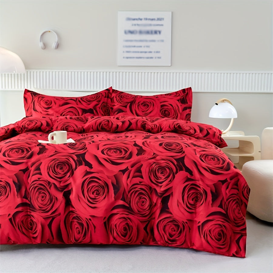Set of 3 Red Rose Print Duvet Covers Bedding Set with Pillowcases for All Seasons