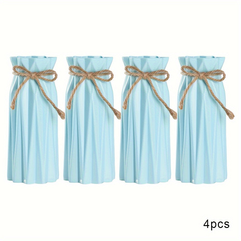 Set of 4 Plastic Vases with Origami Design and Pampas Grass Pattern 17.5cm Tall for Home Office Decor