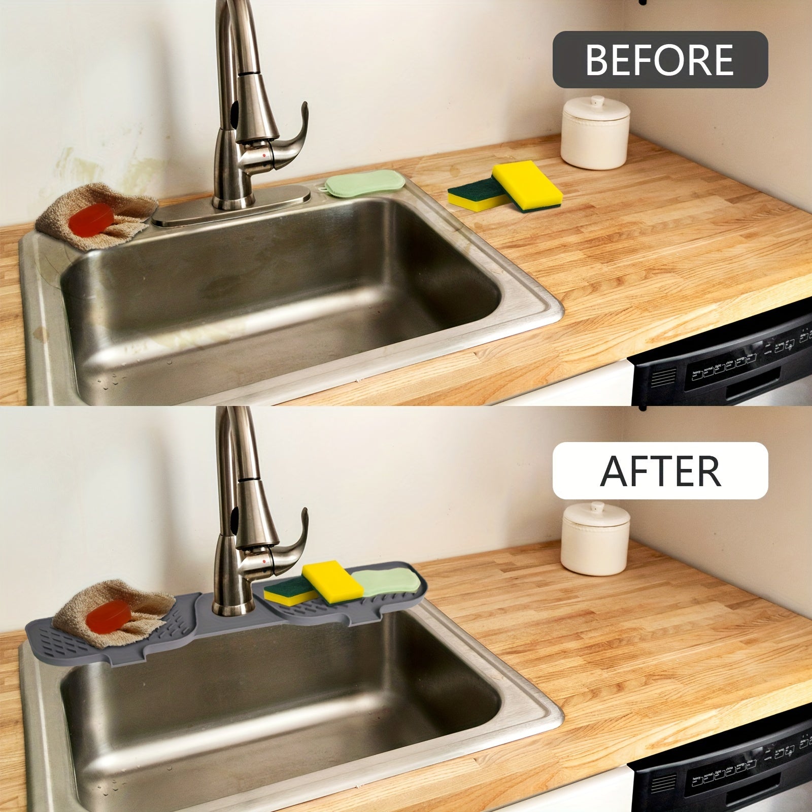 Silikon lavabolar uchun aksessuarlar, shu jumladan, suv to'kadigan pad, kran pad, drenaj pad va tutqich tomchilatgich, oshxona va hammomda foydalanish uchun ideal.