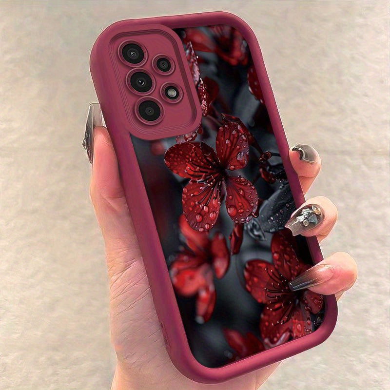 Red Water Drop Flower Pattern Silicone TPU Phone Case for Galaxy Models