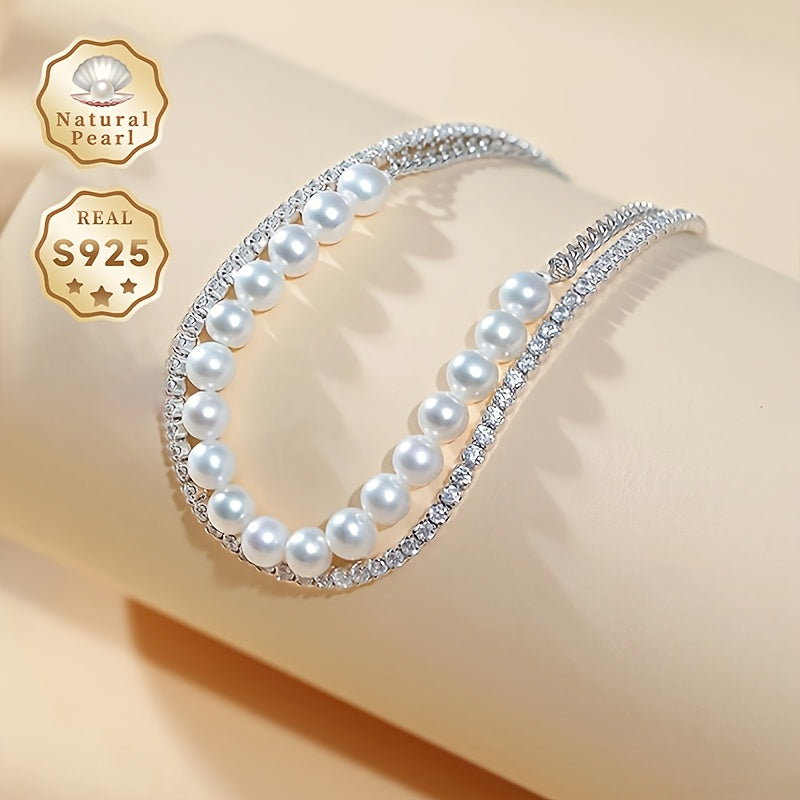 Pulsera elegante de doble hilo con perlas de agua dulce y zirconia, plata de ley, piedra de nacimiento de junio