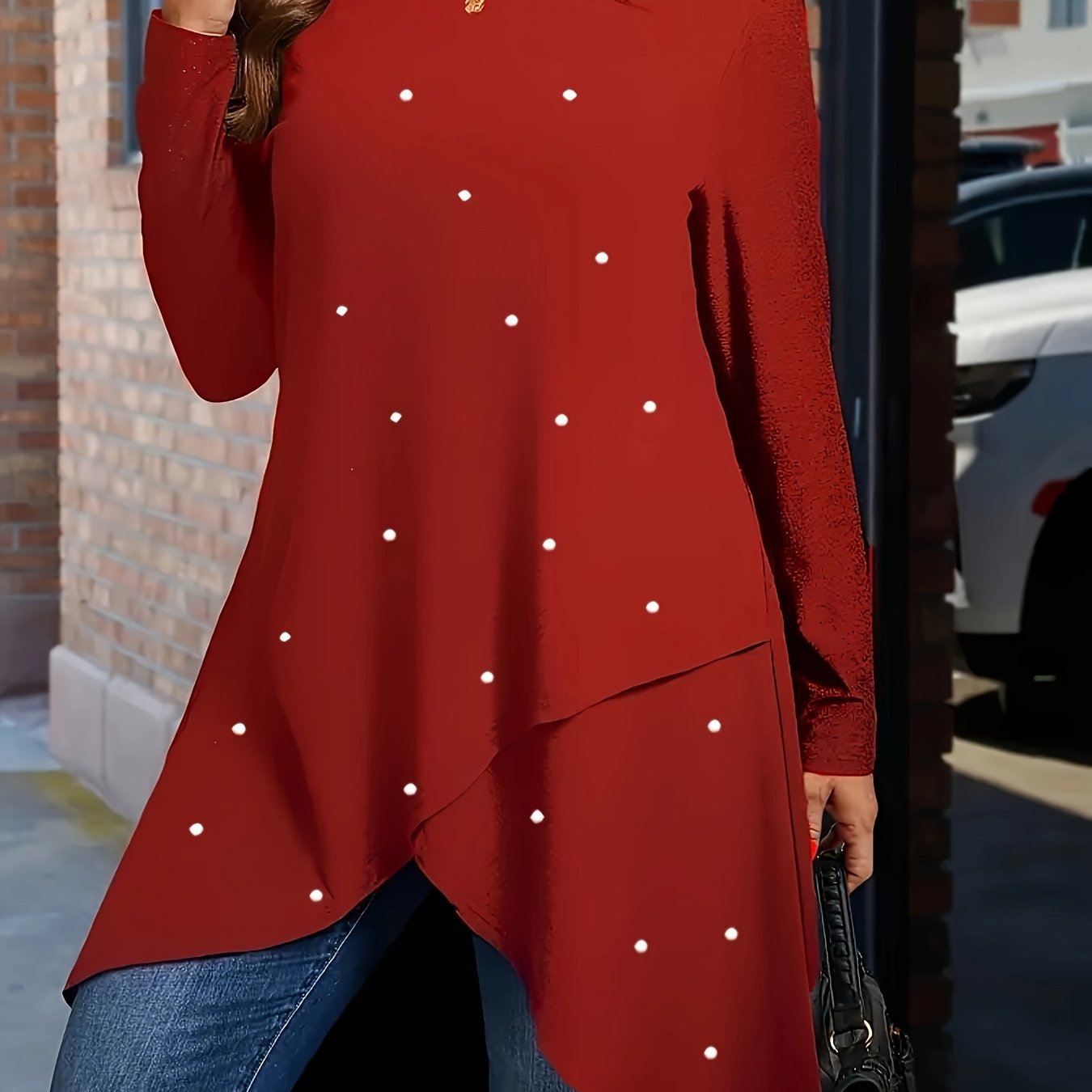 Plus Size Pearl Embellished Knit Tunic Top Crew Neck Long Sleeve Solid Color