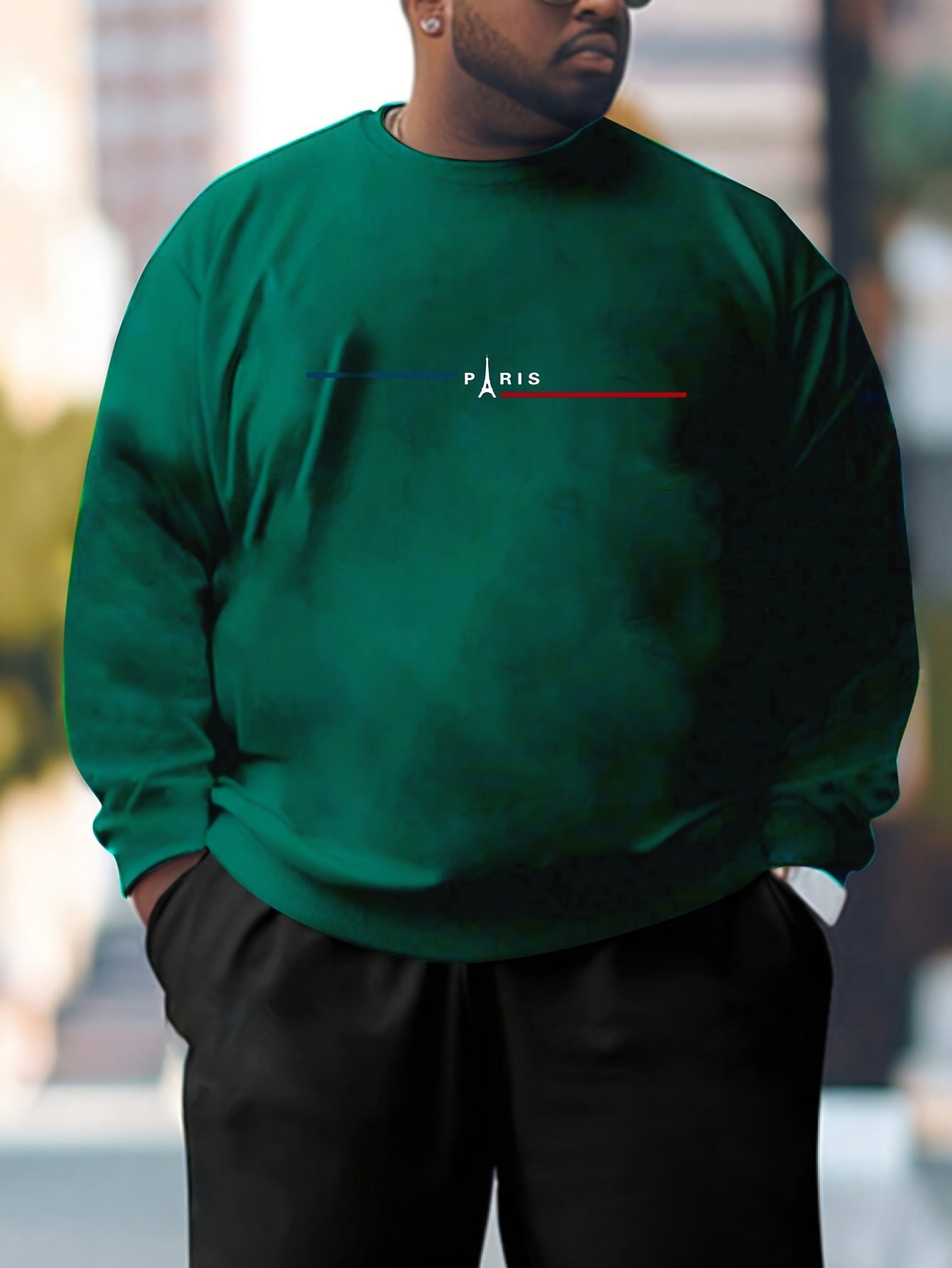 Camiseta de manga larga para hombre de talla grande con inspiración parisina y cuello redondo, con estampado de letras y tela elástica para primavera y otoño