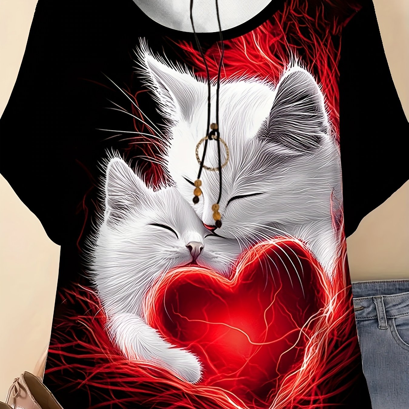 Plus Size Women's White Kittens Purple Hearts Graphic T-Shirt Casual Summer