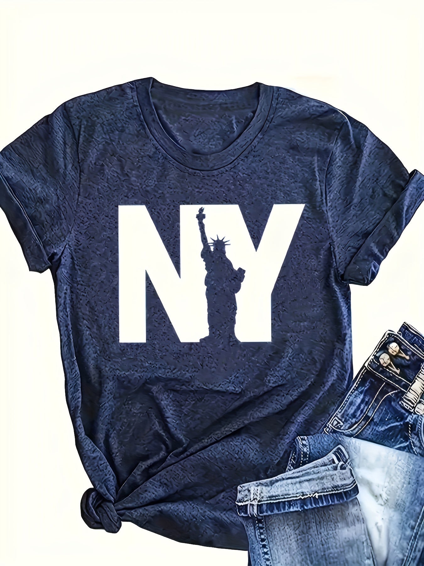 Women's Short Sleeve Cotton T-Shirt Navy Blue Relaxed Fit Casual Top