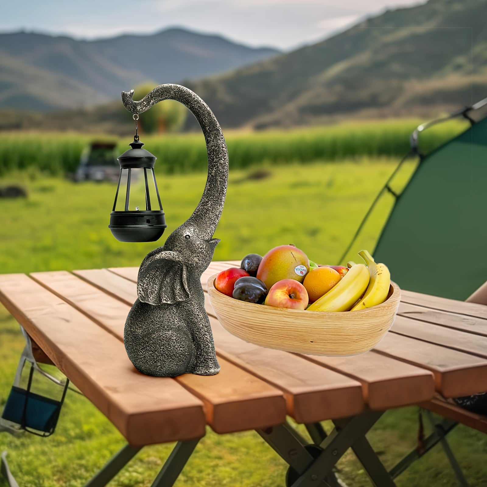 Solar-Powered Elephant Garden Lights Rustic Resin Outdoor Sculpture with Black Metal Lanterns