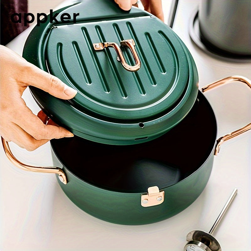 Deep Fryer with Thermometer Non-Stick Carbon Steel Large Green Pan Lid and Oil Drip Rack