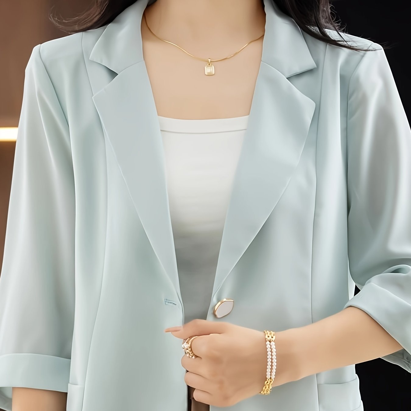 Women's Chiffon Blazer Lightweight Sheer 3/4 Sleeve Single Button Solid