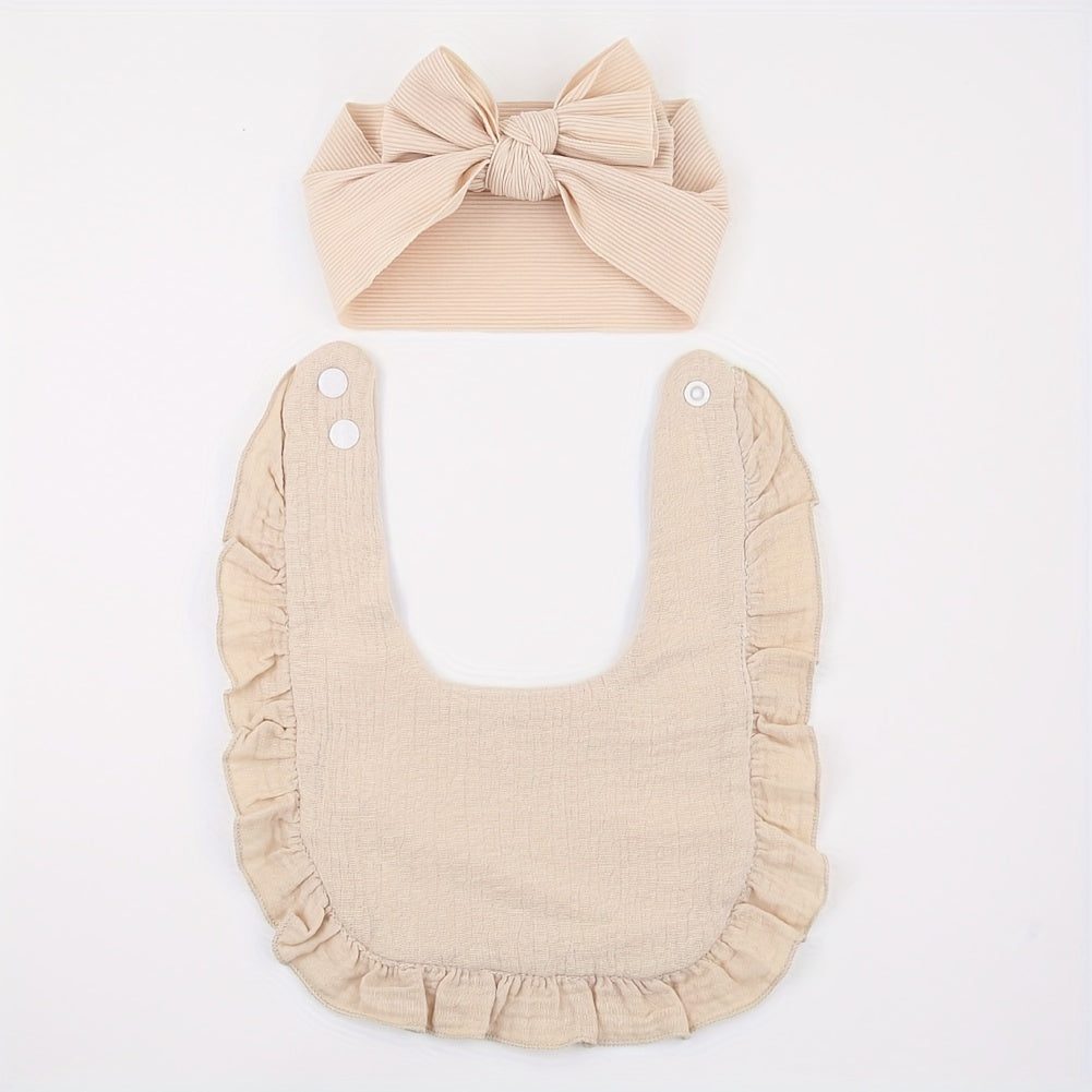 Baby Bibs and Headbands Set of 2 Lotus Leaf Bib and Elastic Bow Headband with Plain Color Soft Bib
