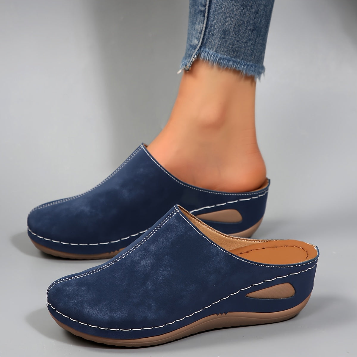 Women's Slip-On Mules Chunky Heel Round Toe PU Shoes Navy Blue All-Season Platform