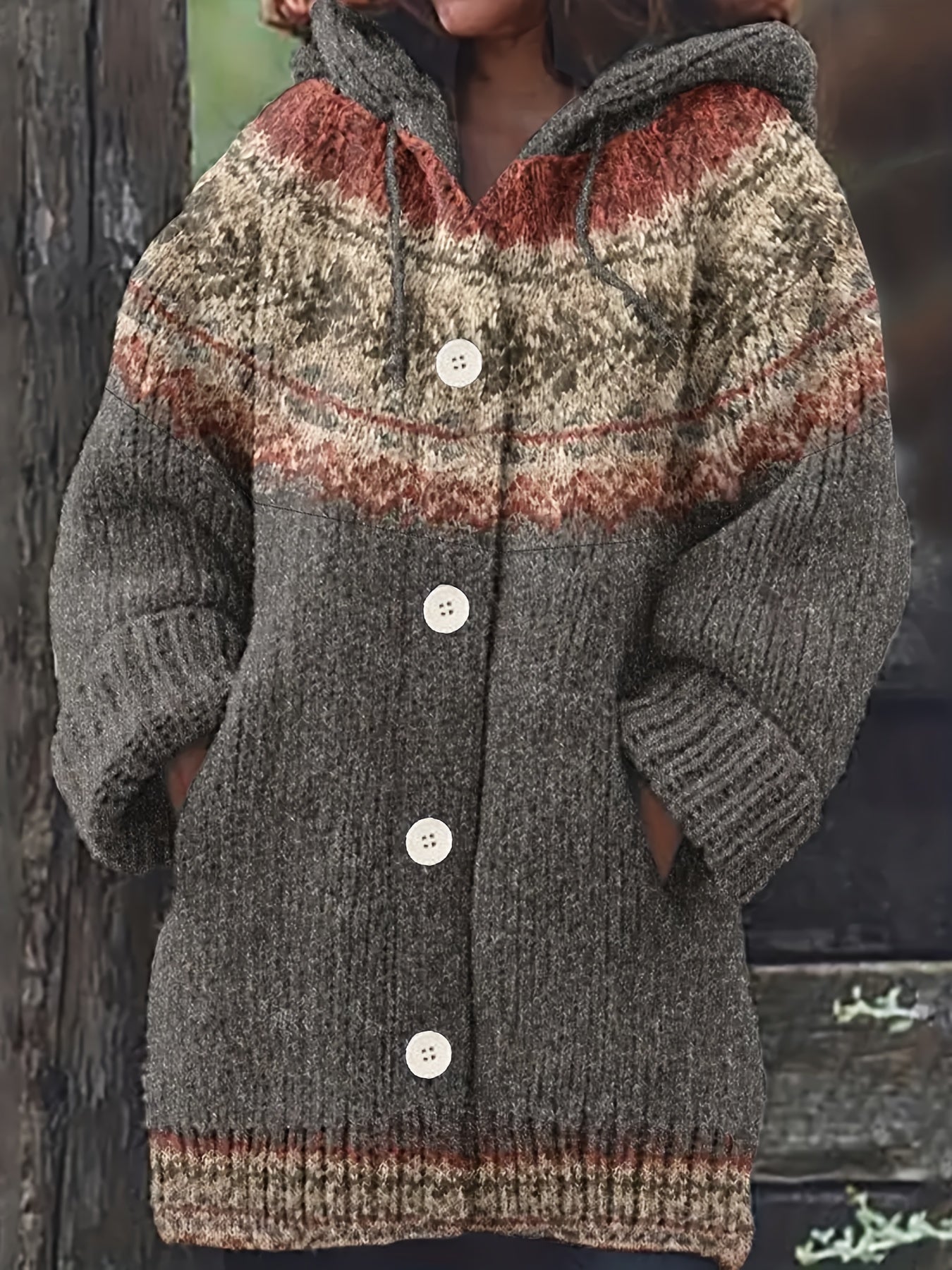 Plus Size Women's Geometric Pattern Hooded Cardigan Sweater Long Sleeve Cozy Fall Winter Outerwear