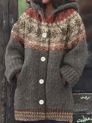 Plus Size Women's Geometric Pattern Hooded Cardigan Sweater Long Sleeve Cozy Fall Winter Outerwear