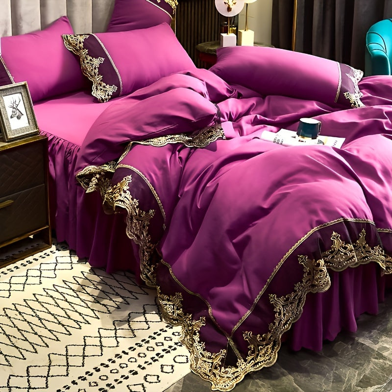 Luxury Polyester Duvet Cover Set with Golden Lace Accents, Solid Color, Zipper Closure
