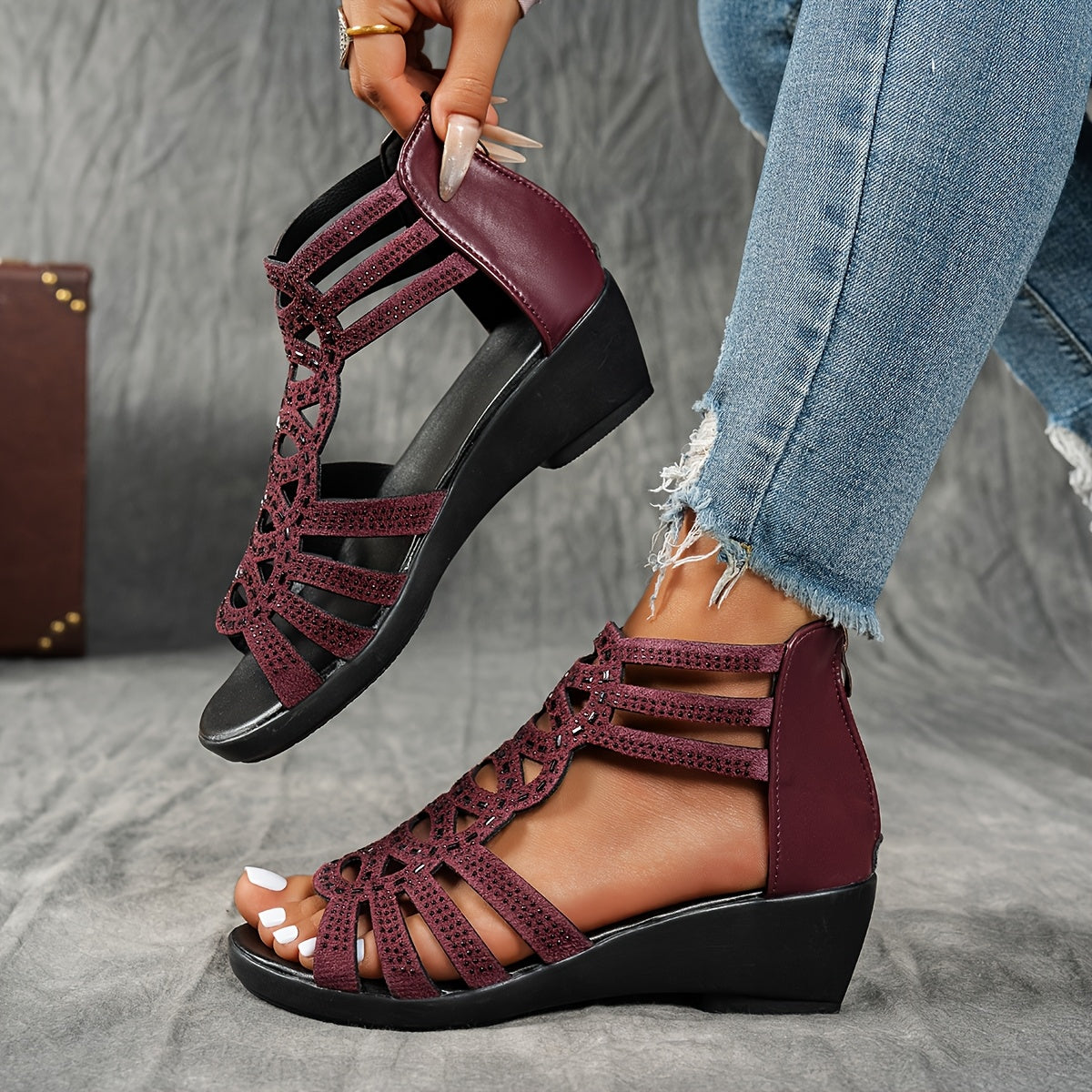 Women's Rhinestone Embellished Open-Toe Ankle Strap Sandals in Black or Beige