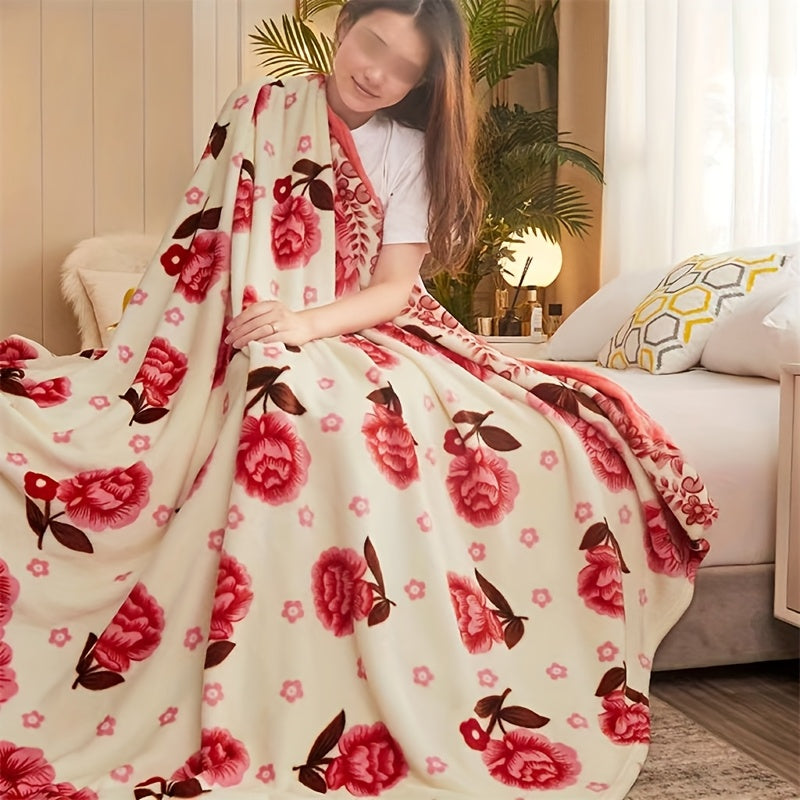 Beige Fleece Blanket Small Flower Pattern Soft Warm for Bed Sofa Camping
