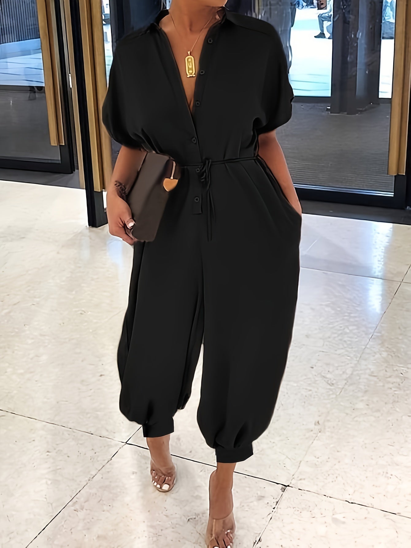 Women's Casual Black Flared Drawstring Pants Plus Size with Pockets