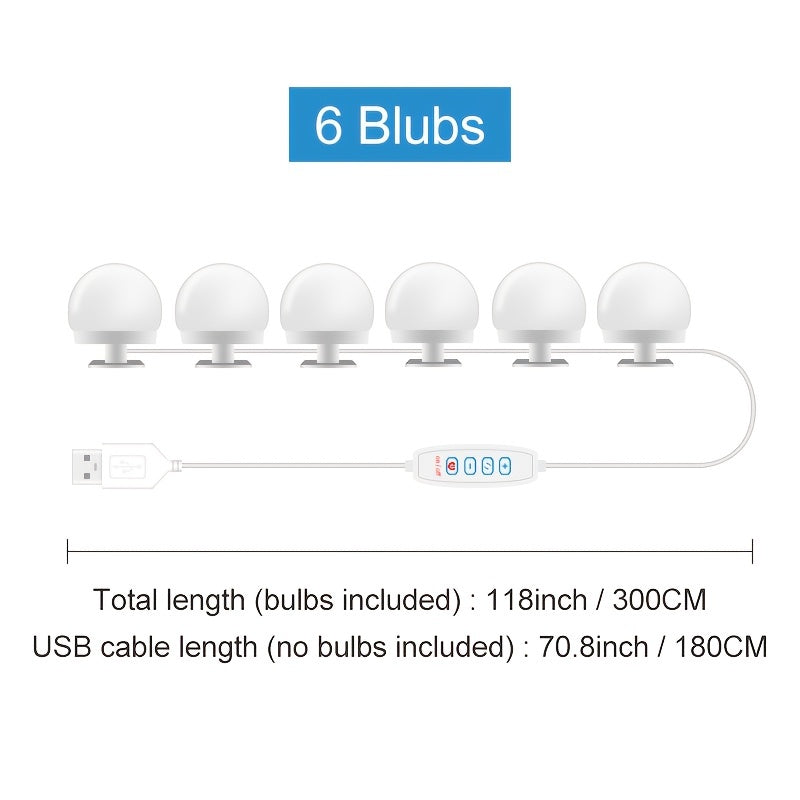 Светодиодная лента для зеркал для макияжа, 10 уровней яркости, 3 цветовых режима, USB, настенное крепление