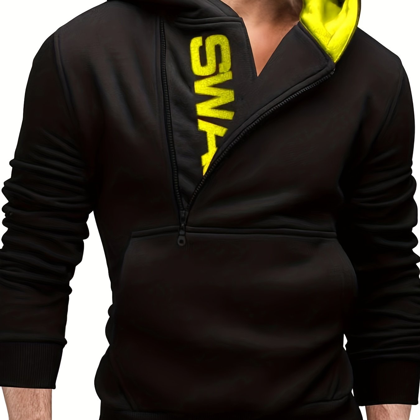 Men's Long Sleeve Letter Print Hoodie with Kangaroo Pocket Zipper and Hooded Collar for Casual Outdoor Sports in Autumn and Winter