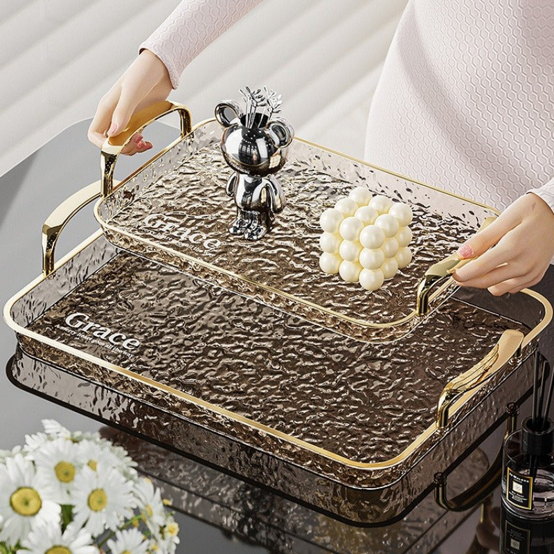 Golden Rimmed Rectangular Serving Trays Set Large Transparent Plastic with Handles for Fruits Snacks Pastries