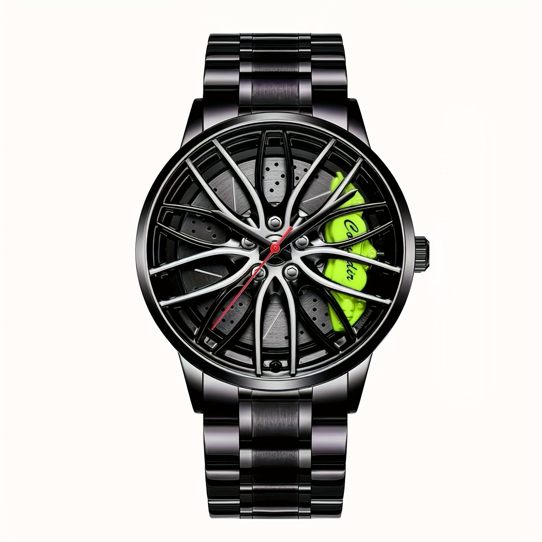 Men's Sports Watch with Car Wheel Hub Caliper Design Steel Band Luminous Hollow Dial