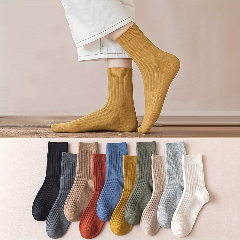 Women Knee-High Socks Pack of 10 Soft Comfy Solid Color Polyester Spandex