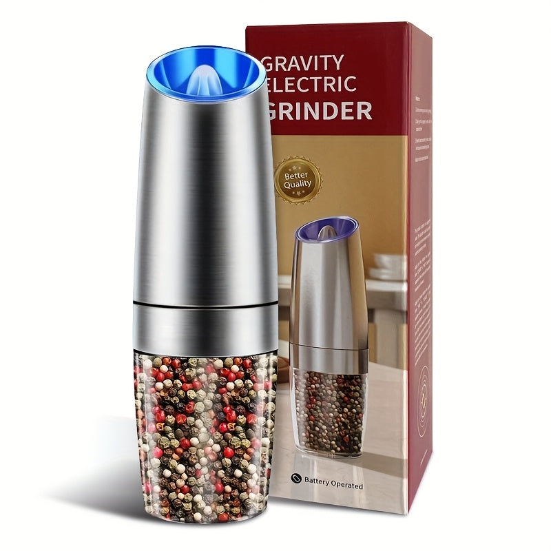 Molino eléctrico de especias con sensor de gravedad, cuerpo de acero inoxidable, tamaño de partícula ajustable, luz LED para hogares, restaurantes y picnics