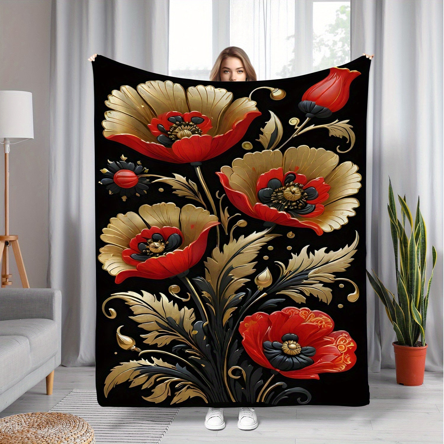 Floral Printed Fleece Throw Blanket for Living Room Bedroom Sofa All-Season Durable Polyester